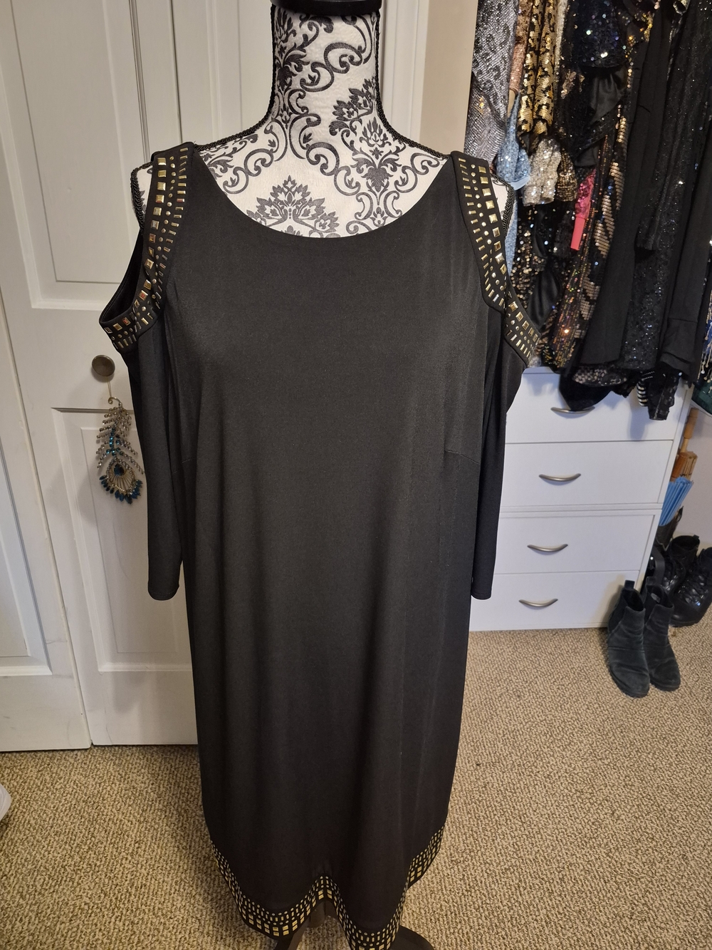 Jessica Howard Cold-Shoulder Black Dress with Gold Stud Trim